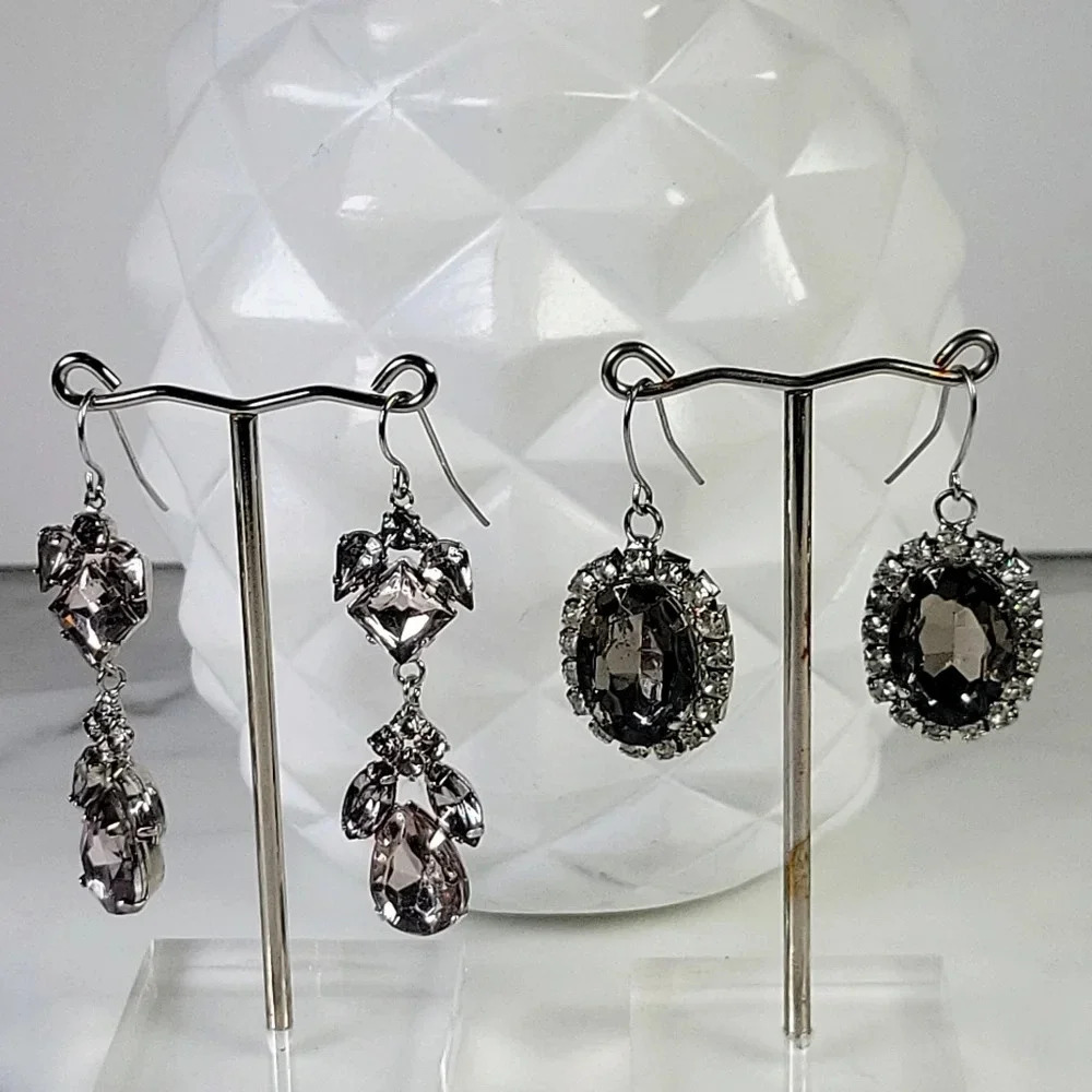 Gray Rhinestone Pierced Earrings 2 Pair Icy Sparkle French Wire Party Co…